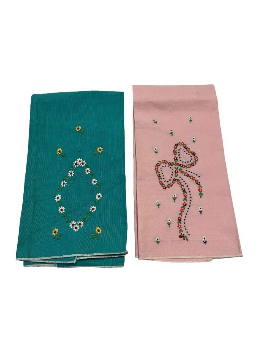 Vintage Embroidered Linen Tea Towels Pink Green Floral Hand Embroidery Set 20x13